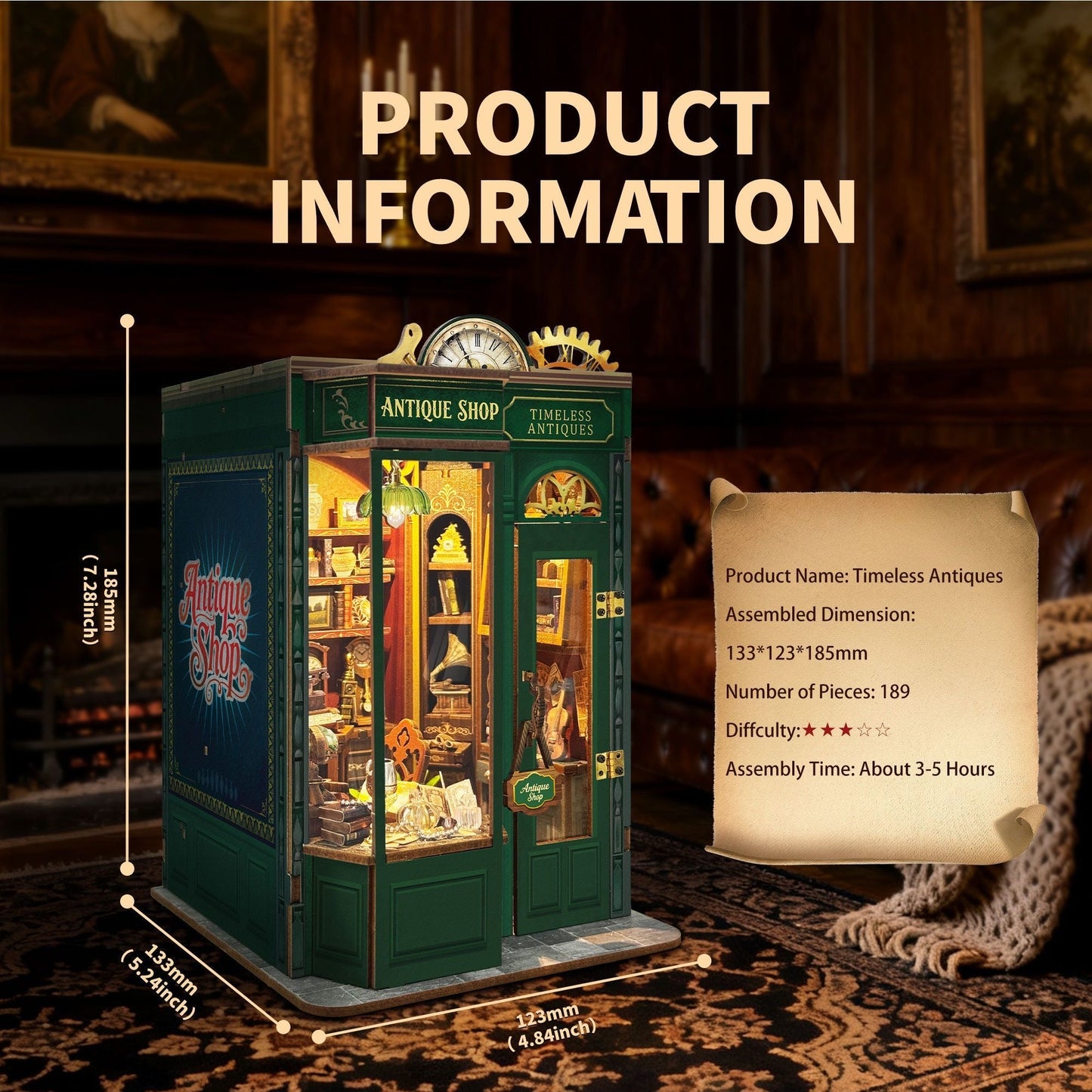 Timeless Antiques Book Nook Kit – Miniature Antique Shop Bookshelf Insert - taleblocks