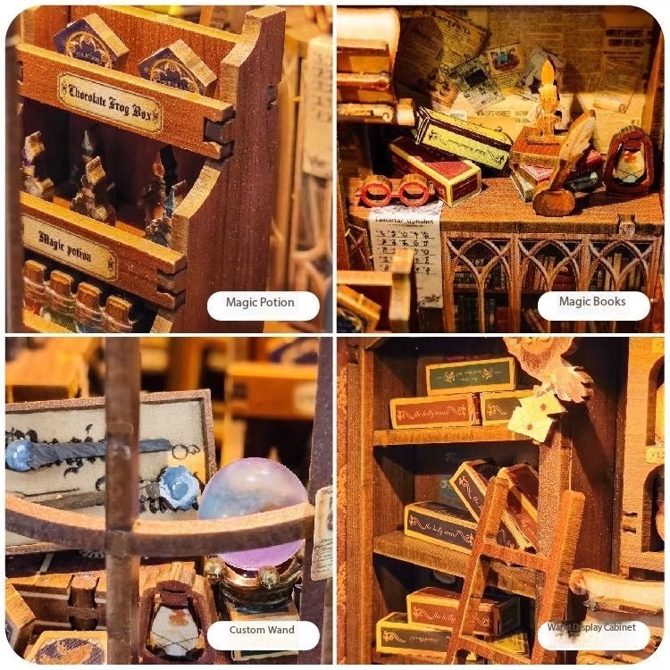 Wizard Wand Shop Book Nook Kit – Miniature Fantasy Bookshelf Insert - taleblocks
