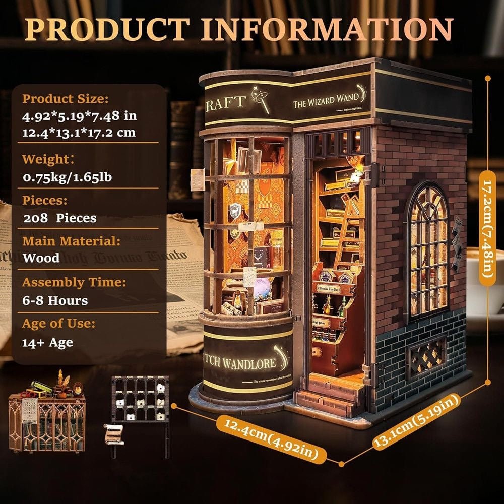 Wizard Wand Shop Book Nook Kit – Miniature Fantasy Bookshelf Insert - taleblocks