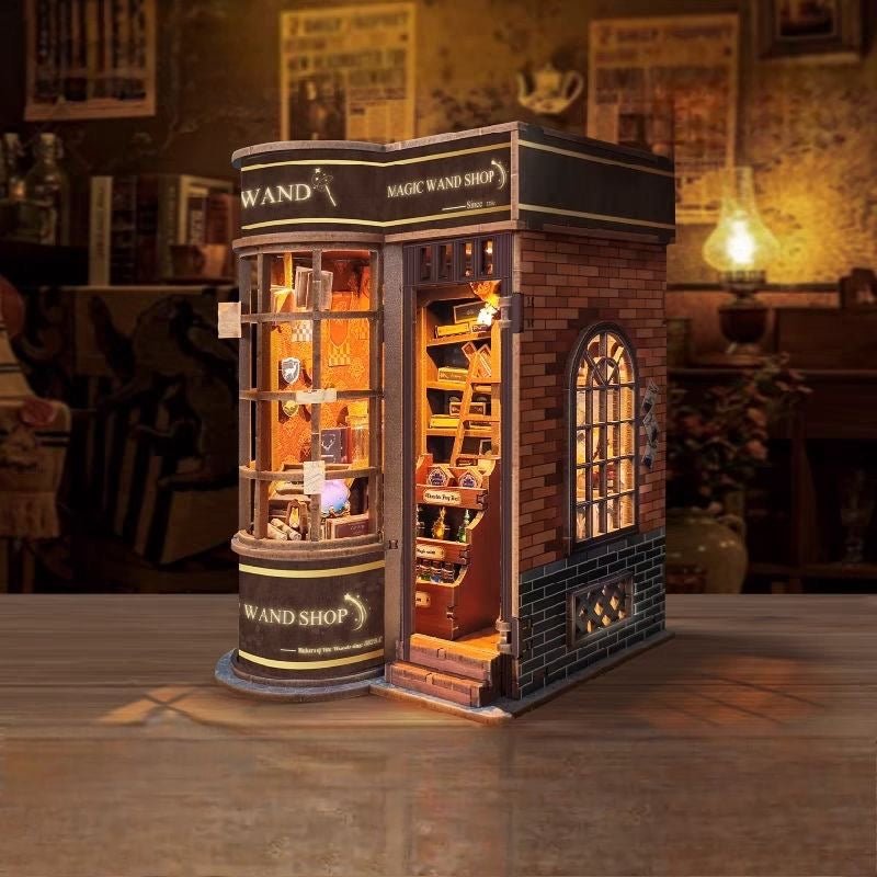 Wizard Wand Shop Book Nook Kit – Miniature Fantasy Bookshelf Insert - taleblocks